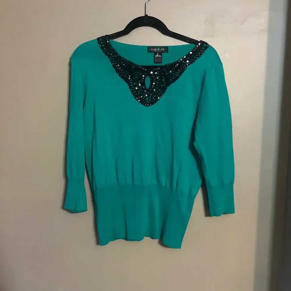 August Silk Women's Green Knit Sweater, Black Sequin Collar & 3/4 Sleeves, Large - Picture 5 of 12
